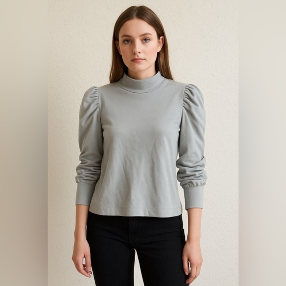 Cuyana Gray Puff Sleeve Mock Neck Top - Size L